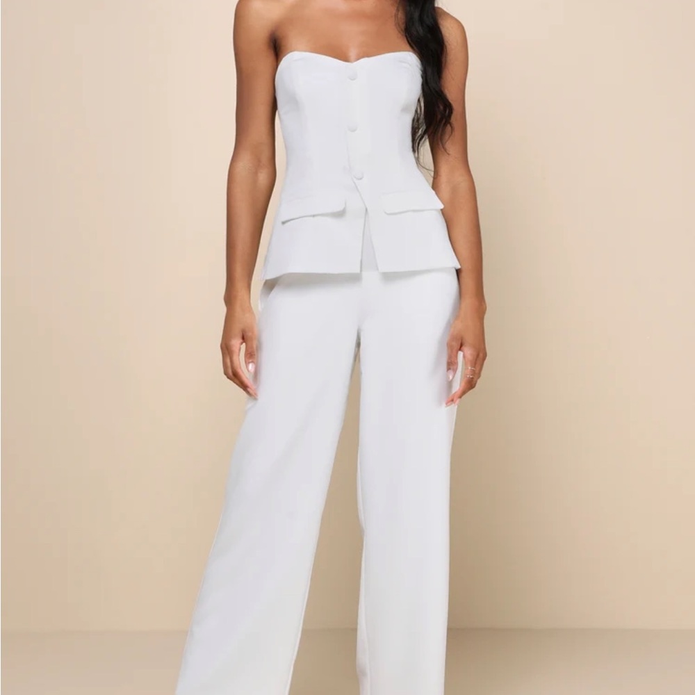 Lulu's Elegant White Strapless Wide Leg Jumpsuit